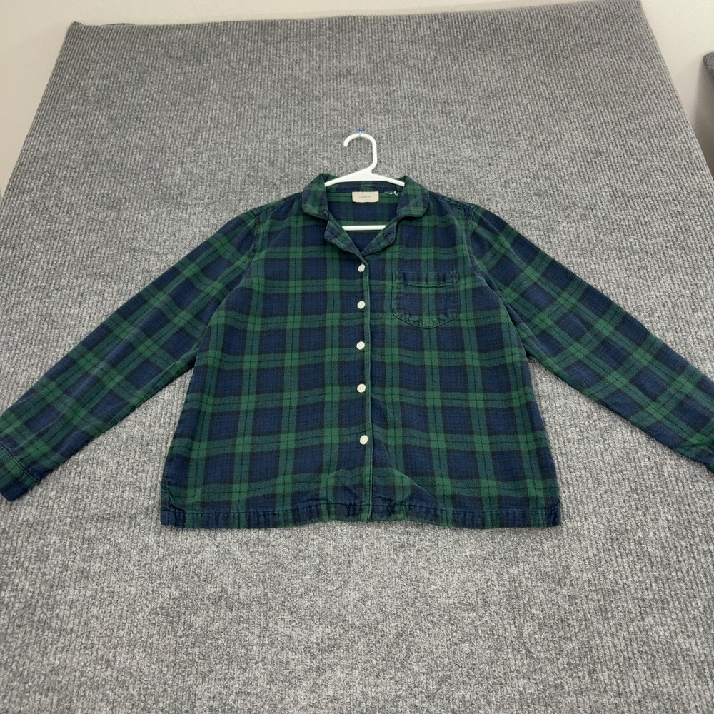 LL Bean Pajama Top Womens M Green Blue Flannel Plaid Button Up Classic